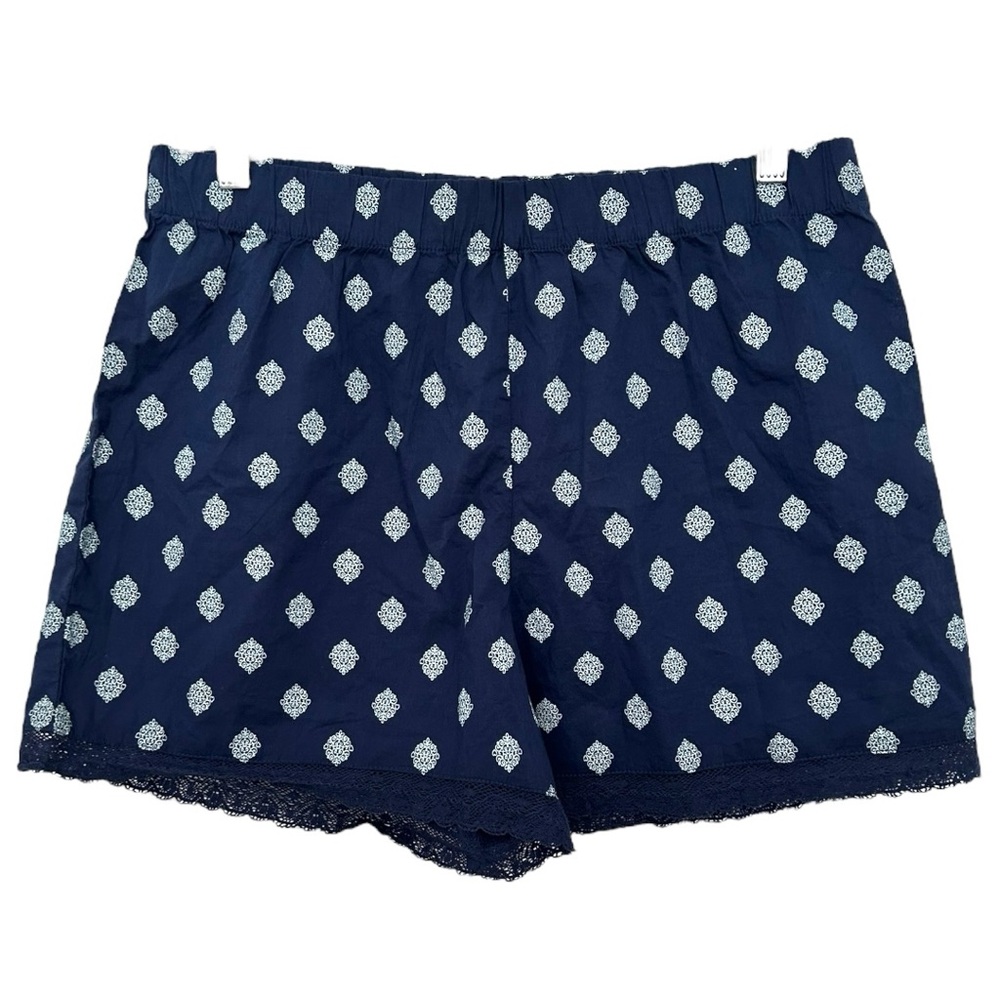 Charter Club Women’s Navy Blue‎ Patterned Shorts Lace Trim PJ Shorts  Sz M